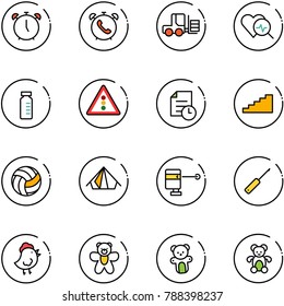 line vector icon set - alarm clock vector, phone, fork loader, heart diagnosis, vial, traffic light road sign, history, stairs, volleyball, tent, laser lever, awl, chicken toy, bear
