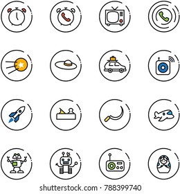 line vector icon set - alarm clock vector, phone, tv, horn, first satellite, woman hat, car baggage, wireless speaker, rocket, jointer, sickle, plane toy, robot, radio, russian doll