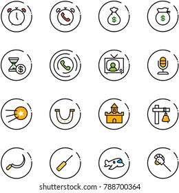 line vector icon set - alarm clock vector, phone, money bag, account history, horn, tv news, microphone, first satellite, luck, sand fort, ship bell, sickle, awl, plane toy, horse stick