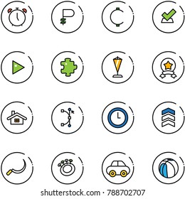 line vector icon set - alarm clock vector, ruble, cent, check, play, puzzle, pennant, star medal, home, bezier, chevron, sickle, beanbag, car, basketball