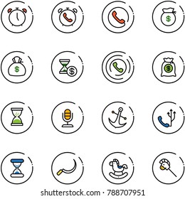line vector icon set - alarm clock vector, phone, money bag, account history, horn, sand, microphone, anchor, sickle, rocking horse, stick toy