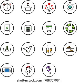 line vector icon set - alarm clock vector, recieptionist, firework, stopwatch heart, mobile payment, coin, tap pay, lifebuoy, basket, paper plane, wine, flip flops, game console, chicken toy