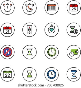 line vector icon set - alarm clock vector, phone, schedule, 25 dec calendar, 31, christmas mobile, stopwatch heart, account history, no parking even road sign, sand, time, wallet