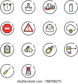 line vector icon set - alarm clock vector, recieptionist, fork loader, vial, no way road sign, traffic light, opened mail, download cloud, clipboard, tent, side cutters, laser lever, awl