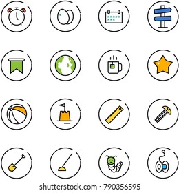 line vector icon set - alarm clock vector, eggs, schedule, road signpost sign, flag, globe, green tea, star medal, ball, sand castle, ruler, screw, shovel, hoe, toy caterpillar, yoyo