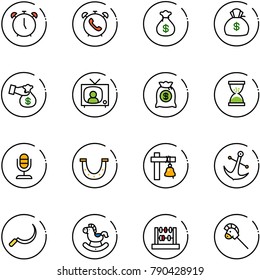 line vector icon set - alarm clock vector, phone, money bag, encashment, tv news, sand, microphone, luck, ship bell, anchor, sickle, rocking horse, abacus, stick toy