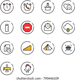 line vector icon set - alarm clock vector, phone, recieptionist, heart diagnosis, vial, no way road sign, opened mail, download cloud, history, stairs, tent, fingerprint scanner, milling cutter