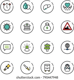 line vector icon set - alarm clock vector, blood test, liver, heart care, sun, bank, money bag, steep roadside road sign, chat, idea, signpost, globe, dowel, soldering iron, tool cabinet