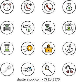 line vector icon set - alarm clock vector, phone, money bag, chest, encashment, account history, tv news, sand, first satellite, fort, anchor, farm fork, plane toy, horse stick, wheel