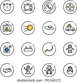 line vector icon set - alarm clock vector, tv, phone horn, film coil, news, first satellite, woman hat, car baggage, wireless speaker, jointer, sickle, robot, plane toy, russian doll