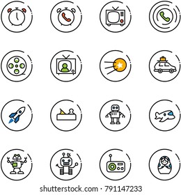 line vector icon set - alarm clock vector, phone, tv, horn, film coil, news, first satellite, car baggage, rocket, jointer, robot, plane toy, radio, russian doll