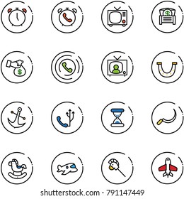 line vector icon set - alarm clock vector, phone, tv, money chest, encashment, horn, news, luck, anchor, sand, sickle, rocking horse, plane toy, stick