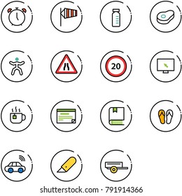 line vector icon set - alarm clock vector, side wind, vial, meat, gymnastics, Road narrows sign, speed limit 20, monitor cursor, hot tea, schedule, book, flip flops, car wireless, work knife