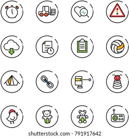 line vector icon set - alarm clock vector, fork loader, heart diagnosis, traffic light road sign, download cloud, history, clipboard, volleyball, tent, link, laser lever, pyramid toy, chicken, bear