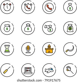 line vector icon set - alarm clock vector, phone, money bag, encashment, sand, microphone, fort, sickle, awl, abacus, plane toy, horse stick