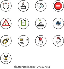 line vector icon set - alarm clock vector, recieptionist, heart diagnosis, no way road sign, traffic light, clipboard, pyramid flag, fingerprint scanner, side cutters, laser lever, toy, chicken