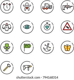 line vector icon set - alarm clock vector, baby, fork loader, boarding passengers, angel, eye, stopwatch heart, multi lane traffic road sign, office chair, ipo, anchor, butterfly, sledgehammer