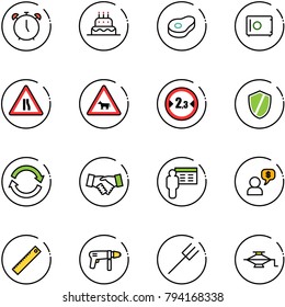 line vector icon set - alarm clock vector, cake, meat, safe, Road narrows sign, cow, limited width, shield, refresh, agreement, presentation, money dialog, ruler, drill machine, farm fork, jack