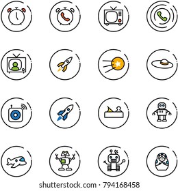 line vector icon set - alarm clock vector, phone, tv, horn, news, rocket, first satellite, woman hat, wireless speaker, jointer, robot, plane toy, russian doll