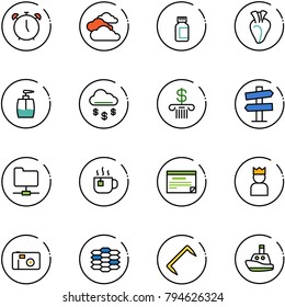 line vector icon set - alarm clock vector, clouds, pills bottle, heart, liquid soap, money rain, bank, road signpost sign, network folder, hot tea, schedule, king, photo, carbon, staple, toy boat