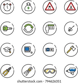 line vector icon set - alarm clock vector, money bag, slippery road sign, pedestrian, key, refresh, presentation, graduate hat, monoblock pc, projector, axe, pliers, bolt cutter, protective glasses