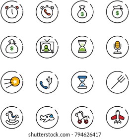 line vector icon set - alarm clock vector, phone, money bag, tv news, sand, microphone, first satellite, farm fork, rocking horse, plane toy, wheel