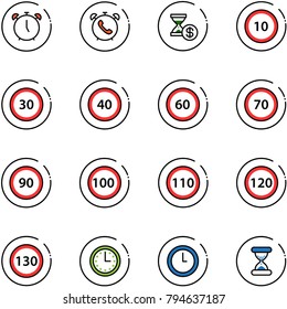 line vector icon set - alarm clock vector, phone, account history, speed limit 10 road sign, 30, 40, 60, 70, 90, 100, 110, 120, 130, time, sand