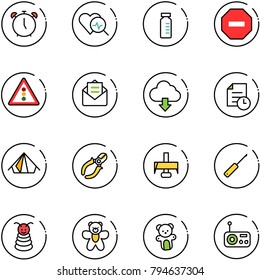line vector icon set - alarm clock vector, heart diagnosis, vial, no way road sign, traffic light, opened mail, download cloud, history, tent, side cutters, milling cutter, awl, pyramid toy, bear