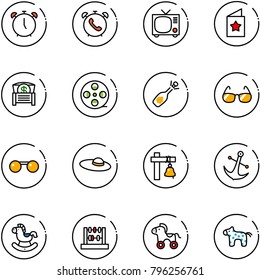 line vector icon set - alarm clock vector, phone, tv, star postcard, money chest, film coil, fizz opening, sunglasses, woman hat, ship bell, anchor, rocking horse, abacus, wheel, toy