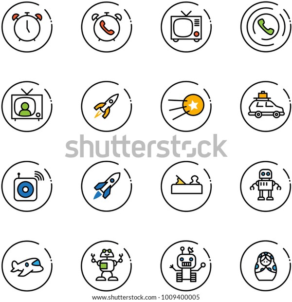 line vector icon set -\
alarm clock vector, phone, tv, horn, news, rocket, first satellite,\
car baggage, wireless speaker, jointer, robot, plane toy, russian\
doll