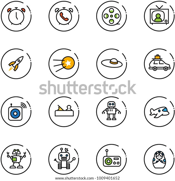 line\
vector icon set - alarm clock vector, phone, film coil, tv news,\
rocket, first satellite, woman hat, car baggage, wireless speaker,\
jointer, robot, plane toy, radio, russian\
doll