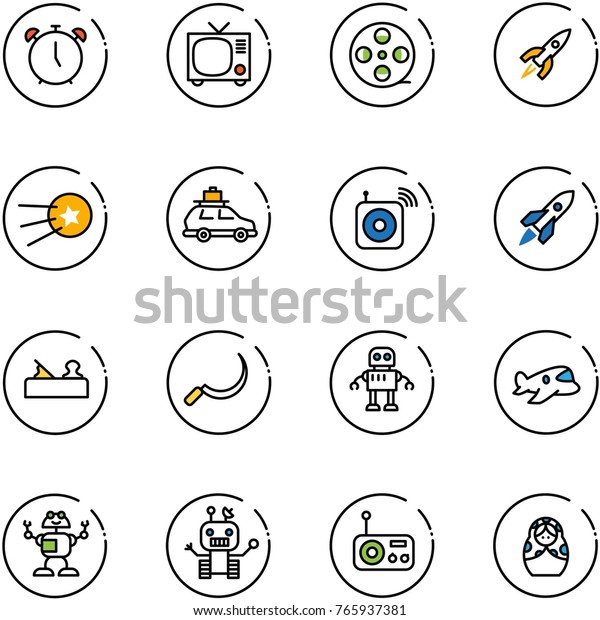 line vector icon set -\
alarm clock vector, tv, film coil, rocket, first satellite, car\
baggage, wireless speaker, jointer, sickle, robot, plane toy,\
radio, russian doll