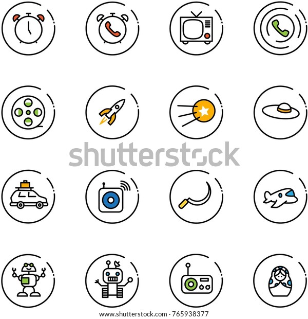 line vector\
icon set - alarm clock vector, phone, tv, horn, film coil, rocket,\
first satellite, woman hat, car baggage, wireless speaker, sickle,\
plane toy, robot, radio, russian\
doll