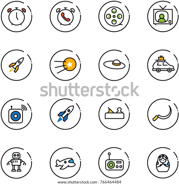 line vector icon set - alarm clock vector, phone,
film coil, tv news, rocket, first satellite, woman hat, car
baggage, wireless speaker, jointer, sickle, robot, plane toy,
radio, russian doll