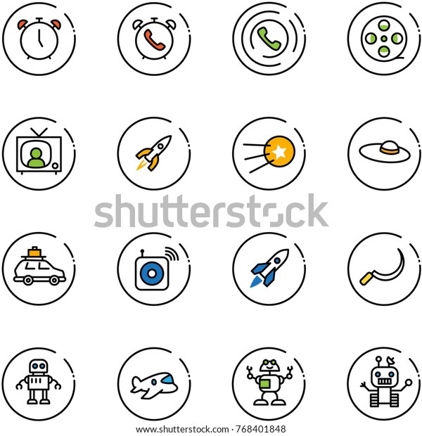 line vector icon set -\
alarm clock vector, phone, horn, film coil, tv news, rocket, first\
satellite, woman hat, car baggage, wireless speaker, sickle, robot,\
plane toy