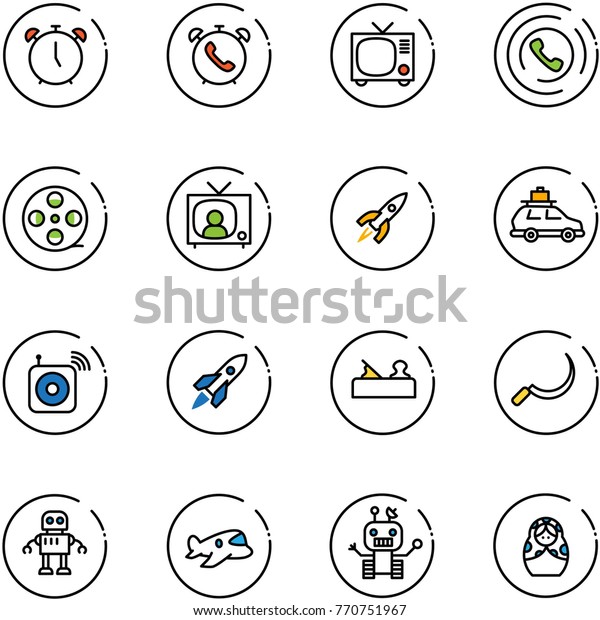 line vector icon set -\
alarm clock vector, phone, tv, horn, film coil, news, rocket, car\
baggage, wireless speaker, jointer, sickle, robot, plane toy,\
russian doll