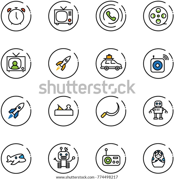 line vector icon\
set - alarm clock vector, tv, phone horn, film coil, news, rocket,\
car baggage, wireless speaker, jointer, sickle, robot, plane toy,\
radio, russian doll