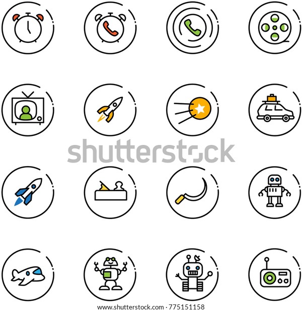line vector icon set - alarm clock\
vector, phone, horn, film coil, tv news, rocket, first satellite,\
car baggage, jointer, sickle, robot, plane toy,\
radio