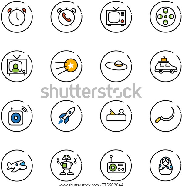line vector icon set - alarm clock vector, phone,\
tv, film coil, news, first satellite, woman hat, car baggage,\
wireless speaker, rocket, jointer, sickle, plane toy, robot, radio,\
russian doll