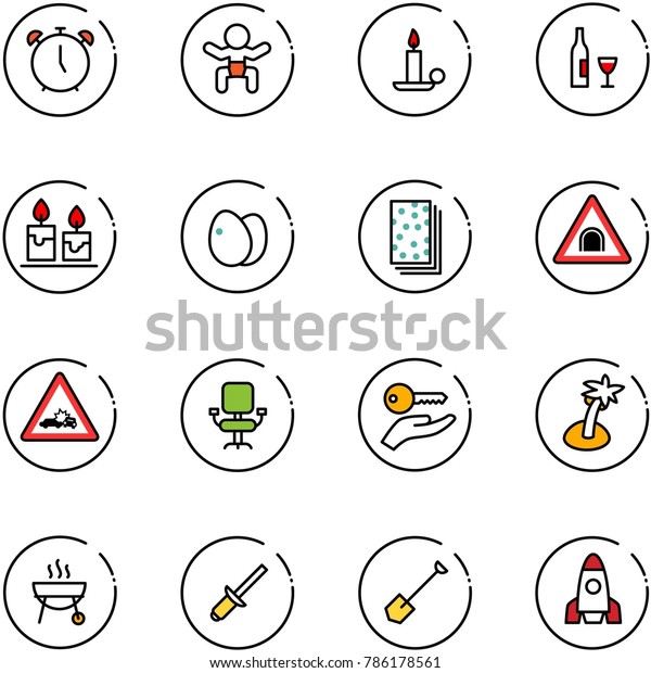 line vector icon set -\
alarm clock vector, baby, candle, wine, eggs, breads, tunnel road\
sign, car crash, office chair, key hand, palm, grill, clinch,\
shovel, rocket