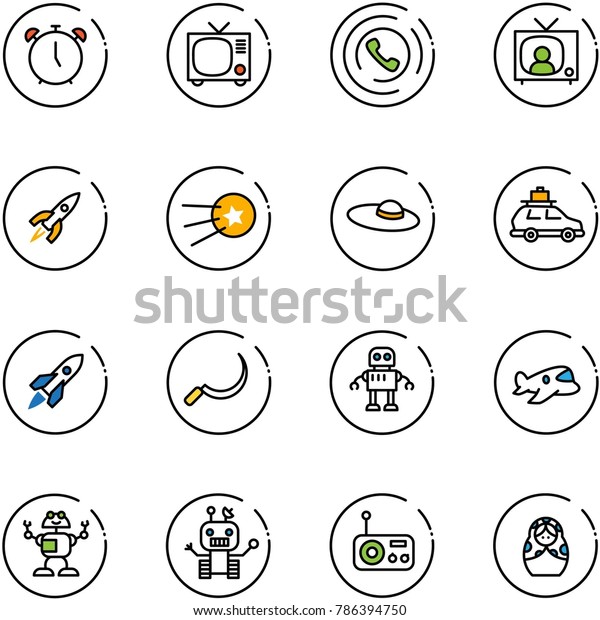 line vector icon set - alarm clock\
vector, tv, phone horn, news, rocket, first satellite, woman hat,\
car baggage, sickle, robot, plane toy, radio, russian\
doll