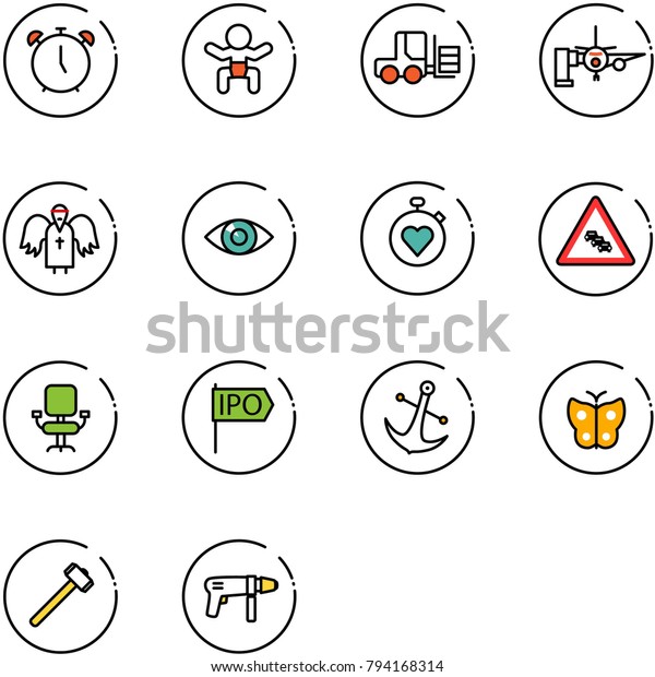 line vector icon set - alarm clock vector,\
baby, fork loader, boarding passengers, angel, eye, stopwatch\
heart, multi lane traffic road sign, office chair, ipo, anchor,\
butterfly, sledgehammer