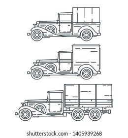 Line vector icon set american oldtimer cargo wagon truck. Classic 1930 style. Nostalgia antique automobile. Worker auto transport station. Vintage highway van. Retro garage illustration collection car