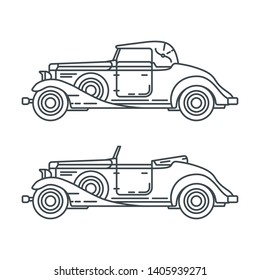 Line vector icon set american auto oldtimer. Classic 1930s style. Nostalgia antique automobile. Summer travel vacation. Vintage cartoon sport. Highway. Garage. Collection car. Illustration for design.