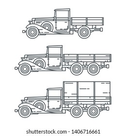 Line vector icon set american oldtimer cargo truck. Classic 1930 style. Nostalgia antique automobile. Transport gas station. Vintage country highway. Worker retro garage. Illustration collection car