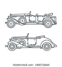 Line vector icon set american auto oldtimer. Classic 1930s style. Nostalgia antique automobile. Summer travel vacation. Vintage cartoon sport. Highway. Garage. Collection car. Illustration for design.