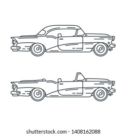 Line vector icon set american cabriolet auto oldtimer. Classic 1950s style. Nostalgia antique automobile. Summer travel vacation. Vintage sport car. Highway race. Collection. Illustration for design.