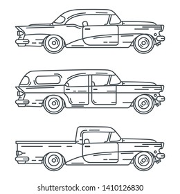 Line vector icon set american cabriolet, coupe, pickup auto oldtimer. Classic 1950s style. Nostalgia antique automobile. Summer travel vacation. Vintage city car. Collection. Illustration for design.