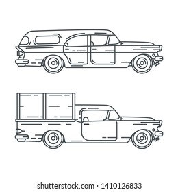 Line vector icon set american family van, pickup auto oldtimer. Classic 1950s style. Nostalgia antique automobile. Summer travel vacation. Highway. Vintage collection car. Illustration for design.