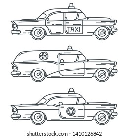 Line vector icon set american taxi, police, ambulance auto oldtimer. Classic 1950s style. Nostalgia antique automobile. City service. Vintage highway car. Sheriff. Cab. Hospital. Illustration clipart.